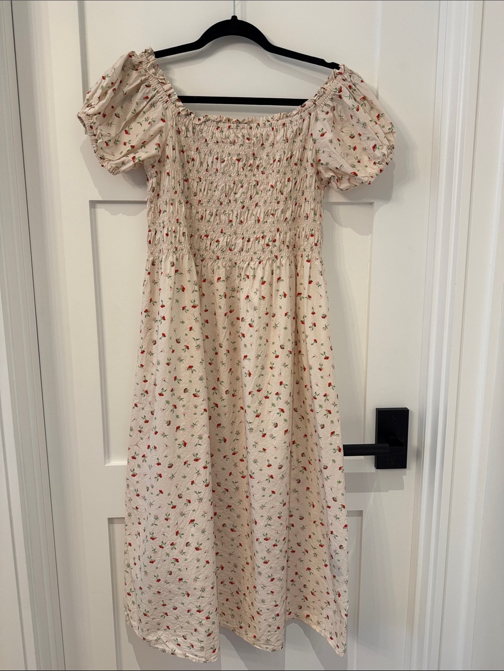 H&M Cream Midi Smocked Dress with Red Ditsy Floral Print